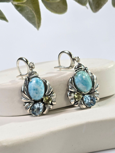 Серебряные серьги ETERI с ларимаром, топазом и лимонным кварцем